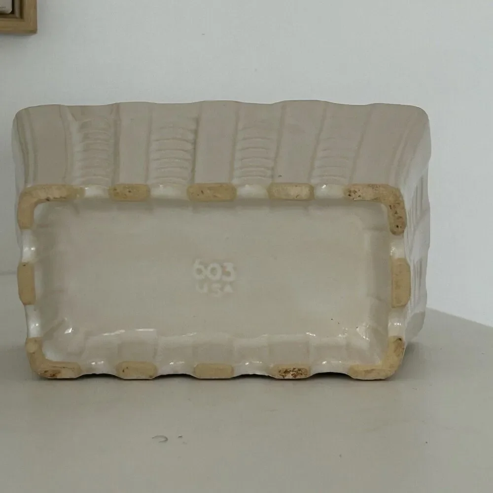 Vintage Pottery Planter Rectangle Beige/Tan Ribbed Scalloped MCM Mid Century
